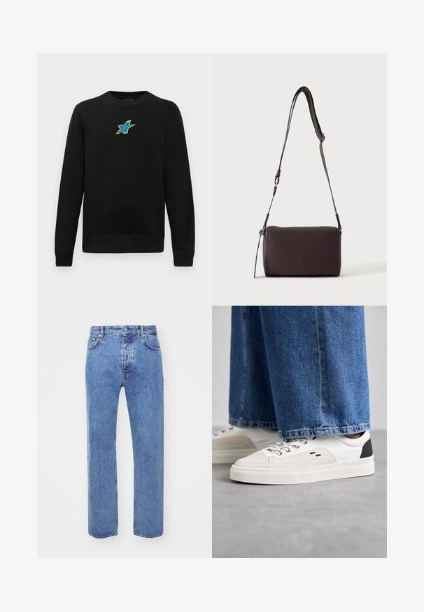 Must välja joonistatud pikkade varrukatega must crew-neck sviiter, mille rindkerel on väike tikitud sinine ja roheline tähekujundus.; Won Hundred STEVE - Avar lõikega teksad - cut blue; Valged ja mustad spordijalatsid sileda nahkpealise, tekstuursete aktsentidega ja paksu valge tallaga. Omab klassikalist nööbistamise disaini.; Tumepruun tekstureeritud nahast üle õla kantav kott, reguleeritava rihmaga ja väikese sinise dekoratiivse aktsendiga küljes.