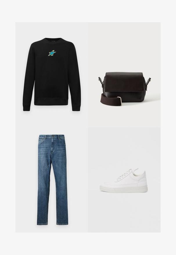 Sort langærmet crewneck sweatshirts med et lille broderet blågrønt stjernedesign centreret på brystet.; Mørkeblå denim jeans med lige ben, fem-lomme design, synlig syning og en klassisk knaplukning. Let vaskeeffekt på stoffet.; Hvid lædersneaker med rundet tå, flad sål og snørebånd foran. Har syningsdetaljer og polstret krave for komfort.; Mørkebrun lædertaske med flaplukning og justerbar stofrem på hvid baggrund.