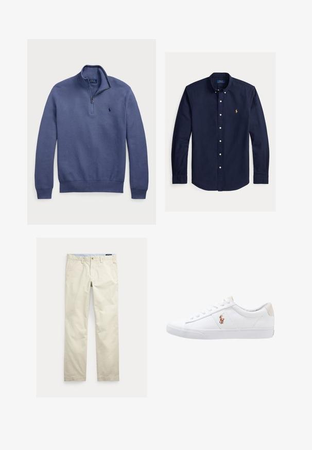 Marineblauer Pullover mit halbem Reißverschluss und Strickstruktur, besticktem Logo auf der Brust. Gerippte Bündchen und Saum. Leichter Stoff.; Marineblaues langärmliges Hemd mit Knopfleiste, Button-Down-Kragen und kleinem gelben Polo Ralph Lauren Logo auf der linken Brust.; Beige Baumwollhosen mit geradem Bein, Gürtelschlaufen, vorderem Knopf, Reißverschluss und Seitentaschen.; Weiße Leinensneaker im Low-Top-Design mit einem beigen Ferseneinsatz und einem kleinen gestickten Logo an der Seite. Gummisohle.