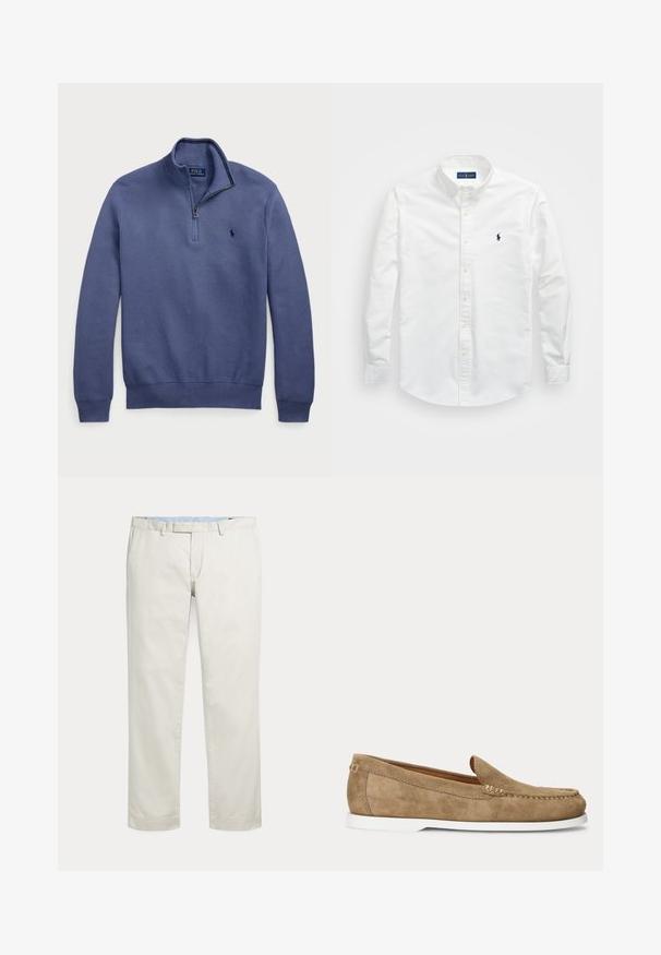 Marineblauer Pullover mit halbem Reißverschluss und Strickstruktur, besticktem Logo auf der Brust. Gerippte Bündchen und Saum. Leichter Stoff.; Weißes Button-Down-Hemd aus Baumwolle. Verfügt über einen spitzen Kragen, lange Ärmel und ein kleines marineblaues Logo auf der Brust. Glatte Textur.; Cremefarbene gerade geschnittene Hosen mit Gürtelschlaufen und verdecktem vorne liegenden Verschluss auf einfarbigem Hintergrund.; Hellbrauner Wildleder-Mokassin im Mokassin-Stil mit weißer Sohle und sichtbarer Naht entlang der Vorderseite und Seiten, seitlich gezeigt.