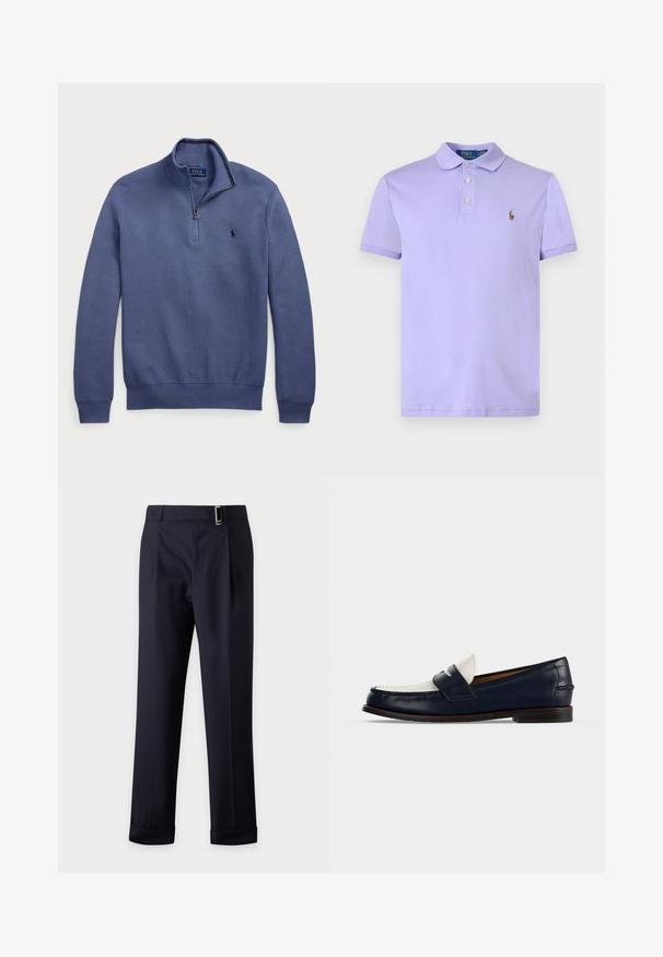 Pull-over bleu marine avec col à demi-zip, texture tricotée et logo brodé sur la poitrine. Poignets et ourlets côtelés. Tissu léger.; Polo lilas à manches courtes avec patte de boutonnage et petit logo brodé d’un joueur de polo sur la poitrine gauche.; Pantalon sur mesure bleu marine foncé avec ceinture, coupe slim, plis devant et ourlets retroussés sur un fond clair.; Chaussure mocassin homme en cuir bleu marine et blanc avec un petit talon en bois et un détail classique de bride penny.