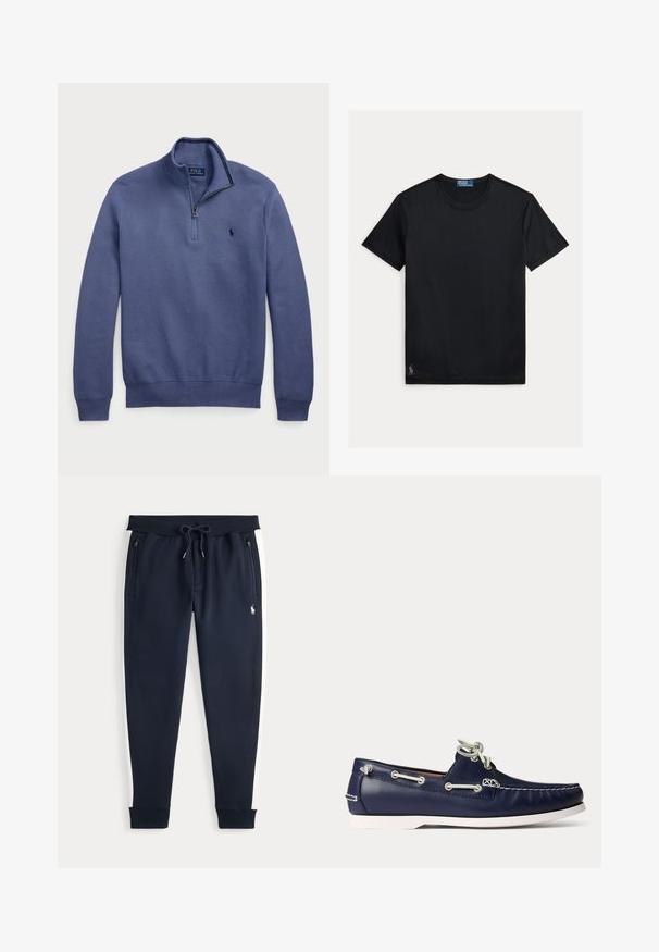 Pull-over bleu marine avec col à demi-zip, texture tricotée et logo brodé sur la poitrine. Poignets et ourlets côtelés. Tissu léger.; T-shirt noir à manches courtes avec col rond, petit logo Polo Ralph Lauren brodé près de l'ourlet inférieur sur fond blanc.; Pantalons de jogging bleu marine avec des rayures blanches sur les côtés, poches zippées, taille avec cordon de serrage et petit logo blanc sur la cuisse droite.; Chaussure bateau en cuir bleu marine avec lacets et coutures blancs, dotée d'une semelle en caoutchouc blanche et d'œillets métalliques sur fond clair.
