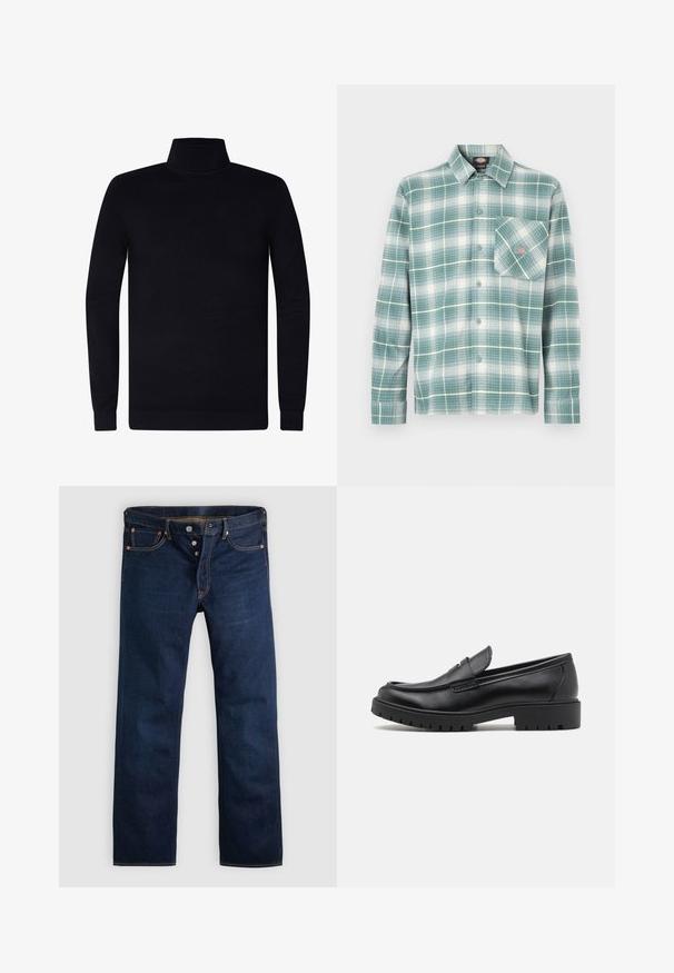 Sort turtleneck sweater, ribbede manchetter og krave, blødt strikstof, let design, lange ærmer, ingen synlig branding eller mønstre.; Skjorte i grøn og hvid tern, lavet af flannel. Har en knaplukket krave, lange ærmer og en enkelt lomme på venstre bryst.; Mørkeblå denimjeans med lige ben, fem lommer og gyldne syninger. Har knaplukning og kobbernitter. Glat tekstur.; Sorte læder loafers med rund tå, slip-on design og tyk gummisål med tekstureret greb. Forhøjet hæl og subtile syninger.