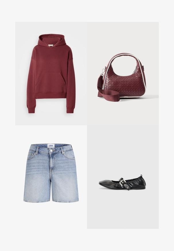 Βουργουνδί hoodie από μαλακό μείγμα βαμβακιού, με μπροστινή τσέπη μπουφάν, ραμμένες μανσέτες και κουκούλα με κορδόνι. Λείος υφασμάτινος ύφασμα, άνετη εφαρμογή.; Ανοιχτό μπλε τζιν σορτς με εμπρός κουμπί, φερμουάρ, θηλιές για ζώνη και πέντε τσέπες, με ετικέτα JJXX μέσα στη μέση.; Μαύρο δερμάτινο φλατ παπούτσι με μυτερή μύτη, συγκεντρωμένες λεπτομέρειες γύρω από το άνοιγμα και μια ασημένια αγκράφα ως λεπτομέρεια στη ρυθμιζόμενη λουρίδα.; Χειροποίητη καφέ δερμάτινη τσάντα με καμπυλωτή λαβή, λευκή επένδυση, ασημένιο φερμουάρ και αφαιρούμενο φαρδύ υφασμάτινο λουρί ώμου σε μονόχρωμο φόντο.