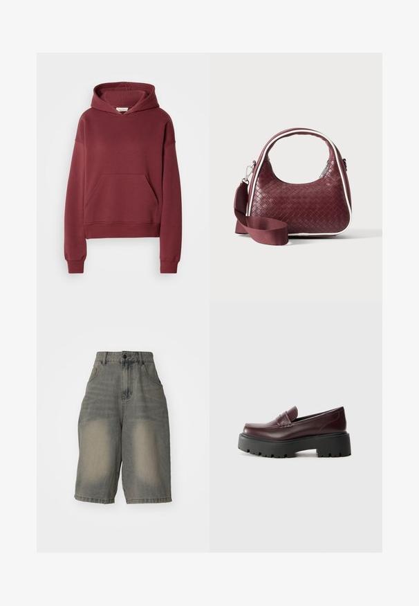 Bordeaux hættejakke lavet af blød bomuldsblanding, med en frontlomme, ribbede manchetter og en hætte med snøre. Glat tekstur, afslappet pasform.; Jaded London LIGHT WASH JUMBO JORTS - Denimshorts - light wash; Bordeaux lædersko med rund tå, dekorativ syning og en tyk sort gummisål med et robust mønster.; Mørkerød vævet lædertaske med buet hank, hvid kant, sølv lynlås og aftagelig bred stofskulderrem mod en ensfarvet baggrund.