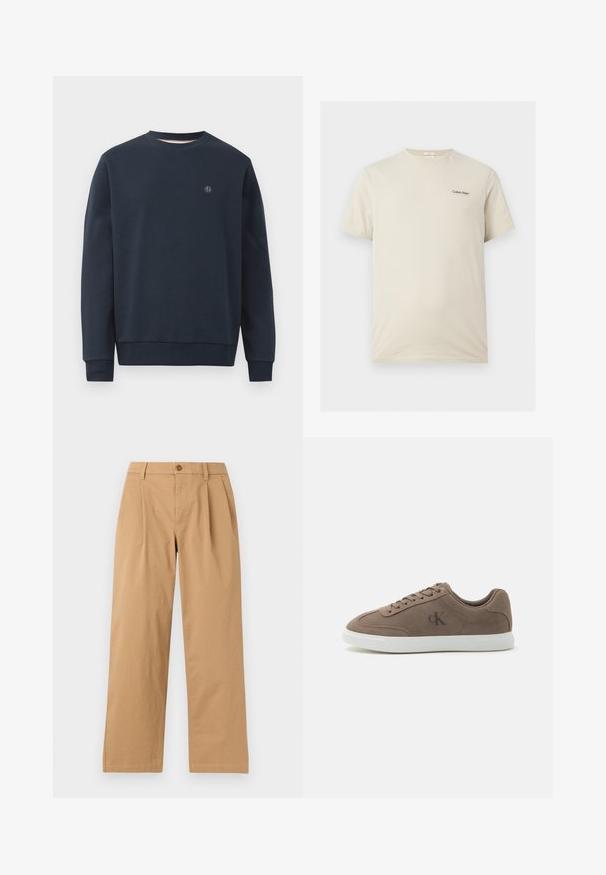 Marineblauwe sweatshirt van zacht materiaal, met een ronde hals, lange mouwen en een klein logo op de borst. Eenvoudig ontwerp, zonder patronen.; Beige Calvin Klein T-shirt met korte mouwen en ronde hals met klein zwart logo op de linkerborst.; Lichtbruine broek met rechte pijpen, voorplooien, riemlussen en een knoopsluiting in de tailleband, afgebeeld tegen een effen achtergrond.; Taupe suède lage sneaker met beige veters, witte rubberen zool en subtiel "cK" logo aan de zijkant.