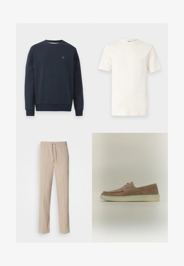 Navy blue collegepaita, joka on valmistettu pehmeästä materiaalista. Siinä on pyöreä kaula-aukko, pitkät hihat ja pieni logo rinnassa. Yksinkertainen malli, ei kuvioita.; Vaalean beige puuvillainen t-paita, jossa on lyhyet hihat ja pyöreä kaula-aukko. Siinä on sileä pinta ja yksinkertainen malli ilman kuvioita tai koristeita.; Beige, housut, joissa on rento istuvuus, valmistettu pehmeästä kankaasta. Niissä on joustava vyötärönyöri ja suorat lahkeet, joissa on minimaalista koristelua.; Ruskea mokkanahkainen liukusukkakenkä pyöreällä kärjellä, kontrastivalkoisella kumipohjalla ja minimalistisella muotoilulla, jossa on kaksi koristeellista silmukkaa.