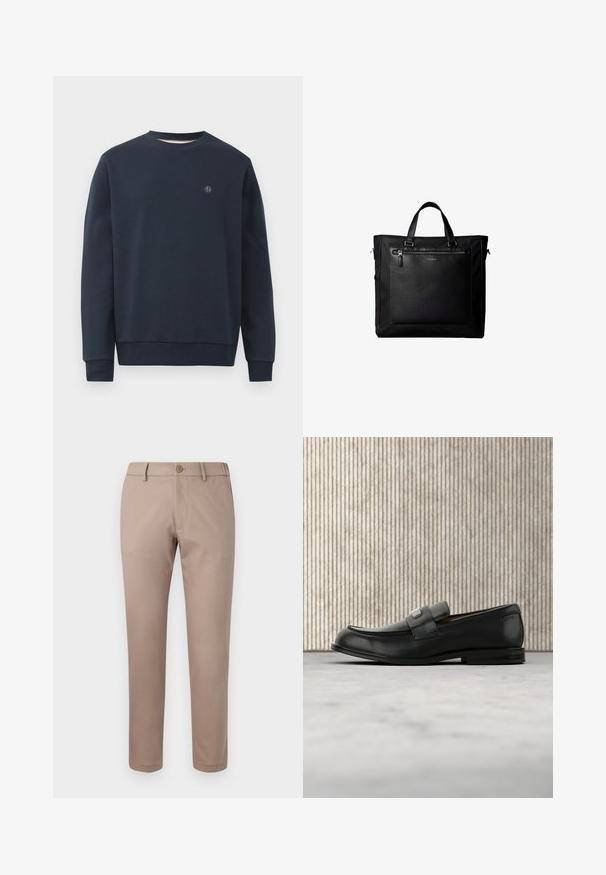 Sweatshirt bleu marine en matériau doux, avec un col rond, des manches longues et un petit logo sur la poitrine. Design simple, sans motifs.; Pantalon pour homme beige ajusté avec passants de ceinture, bouton avant et fermeture éclair, présenté sur un fond blanc uni.; Mocassin en cuir noir avec une plaque de marque en métal reposant près d'une table ronde marron sur un sol recouvert de moquette beige.; Sac cabas noir avec doubles poignées, grande poche avant en cuir avec fermeture éclair et logo discret Calvin Klein au centre de la poche.