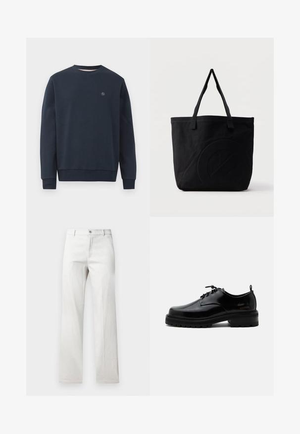 Sweatshirt bleu marine en matériau doux, avec un col rond, des manches longues et un petit logo sur la poitrine. Design simple, sans motifs.; Pantalon gris clair avec une coupe droite, fabriqué dans un tissu lisse, doté d'une fermeture à bouton à l'avant et de poches latérales.; Chaussure en cuir noir poli à lacets, semelle en caoutchouc épaisse et talon bas, texte de marque "SAMSOE" sur le côté et languette arrière.; Sac fourre-tout en toile noire avec deux bandoulières et un motif circulaire discret en relief sur le devant.