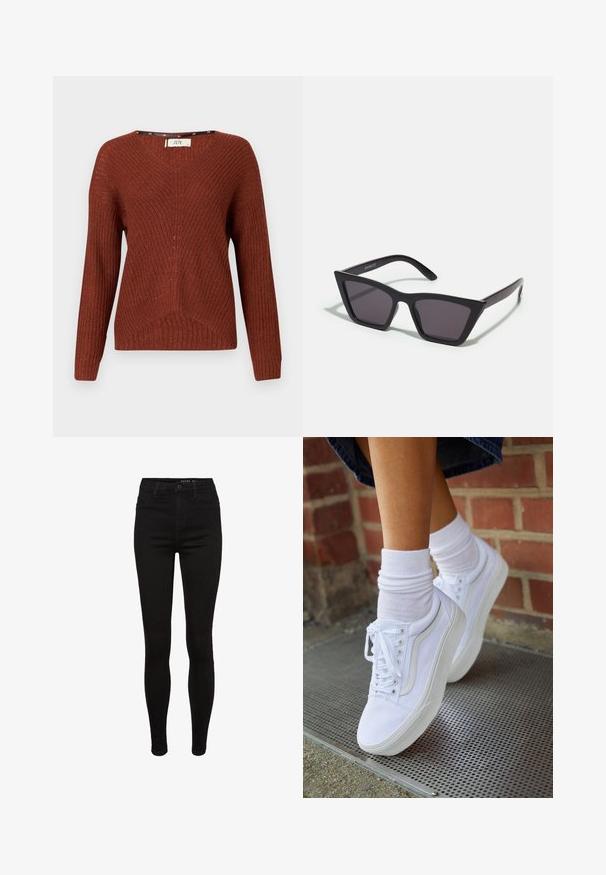 Pull en maille couleur rouille avec un col en V, des manches longues et un motif texturé. Présente un design à côtes subtil et une coupe ample.; Jean skinny en denim noir avec une taille haute, design à cinq poches, passants de ceinture et détails de couture subtils. Texture lisse, forme ajustée.; Baskets en toile blanches avec semelles en caoutchouc, dotées de six œillets, d'un bout rond et de détails de couture légers, portées avec des chaussettes blanches mi-mollet.; Lunettes noires angulaires avec des verres gris ; fabriquées en plastique, avec des branches épaisses à la surface lisse et sans matériel visible.