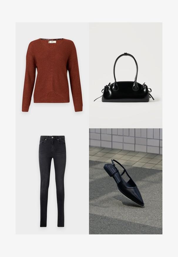Pull en maille couleur rouille avec un col en V, des manches longues et un motif texturé. Présente un design à côtes subtil et une coupe ample.; Jean en denim noir slim-fit avec cinq poches et une fermeture à bouton à la taille, présenté sur un fond blanc uni.; Chaussure plate noire à bout pointu avec bride arrière, flottant au-dessus d'une surface en bitume à côté d'un trottoir carrelé.; Petit sac à main noir brillant avec deux longues anses et des détails à cordon sur les côtés sur un fond clair uni.