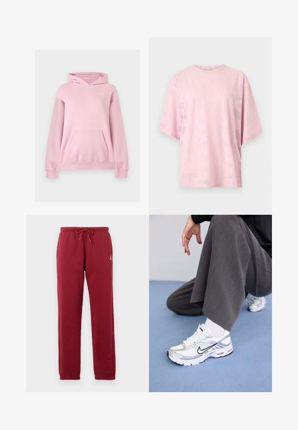 Sweat à capuche rose clair avec poche kangourou devant et petit logo blanc Jumpman sur la poitrine gauche.; T-shirt rose clair à manches courtes et col rond avec un motif de texte embossé subtil sur l'ensemble du tissu et un petit logo en relief au centre de la poitrine.; Pantalon de survêtement bordeaux avec taille élastique et cordon de serrage, poignets élastiques, et petit logo blanc sur la cuisse gauche.; Baskets de sport blanches et argentées avec des matériaux en maille et synthétiques, dotées de lignes d'accent noir, de lacets et de semelles texturées.