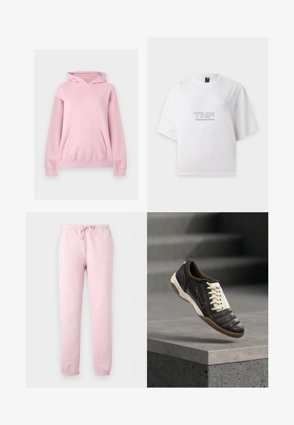 Sweat à capuche rose clair avec poche kangourou devant et petit logo blanc Jumpman sur la poitrine gauche.; T-shirt blanc à manches courtes avec "TNF" et "THE NORTH FACE" imprimés en noir sur la poitrine, présenté à plat sur fond blanc.; Pantalon de survêtement rose clair avec poignets et taille élastiques, doté d'un cordon de serrage à l'avant et d'un petit logo blanc sur la partie supérieure de la cuisse gauche.; Baskets en cuir marron foncé avec des lacets crème, un col rembourré et un bout texturé. Dotées d'une semelle en caoutchouc et d'un logo swoosh latéral.