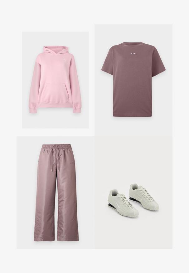 Sweat à capuche rose clair avec poche kangourou devant et petit logo blanc Jumpman sur la poitrine gauche.; T-shirt à col rond mauve uni à manches courtes avec un petit logo Nike blanc centré sur la poitrine, présenté sur un fond blanc.; Pantalon ample rose clair en nylon lisse. Doté d'une taille élastique avec cordon de serrage et portant un logo sur le côté.; Baskets Nike blanches avec un dessus texturé, présentant un embout lisse et des accents de rembourrage noirs. Style à lacets avec un talon renforcé.