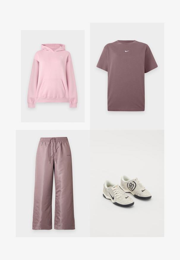 Sweat à capuche rose clair avec poche kangourou devant et petit logo blanc Jumpman sur la poitrine gauche.; T-shirt à col rond mauve uni à manches courtes avec un petit logo Nike blanc centré sur la poitrine, présenté sur un fond blanc.; Pantalon ample rose clair en nylon lisse. Doté d'une taille élastique avec cordon de serrage et portant un logo sur le côté.; Baskets Nike avec une tige texturée beige et grise, des accents noirs, un grand logo "90" et un laçage blanc. Semelle noire.