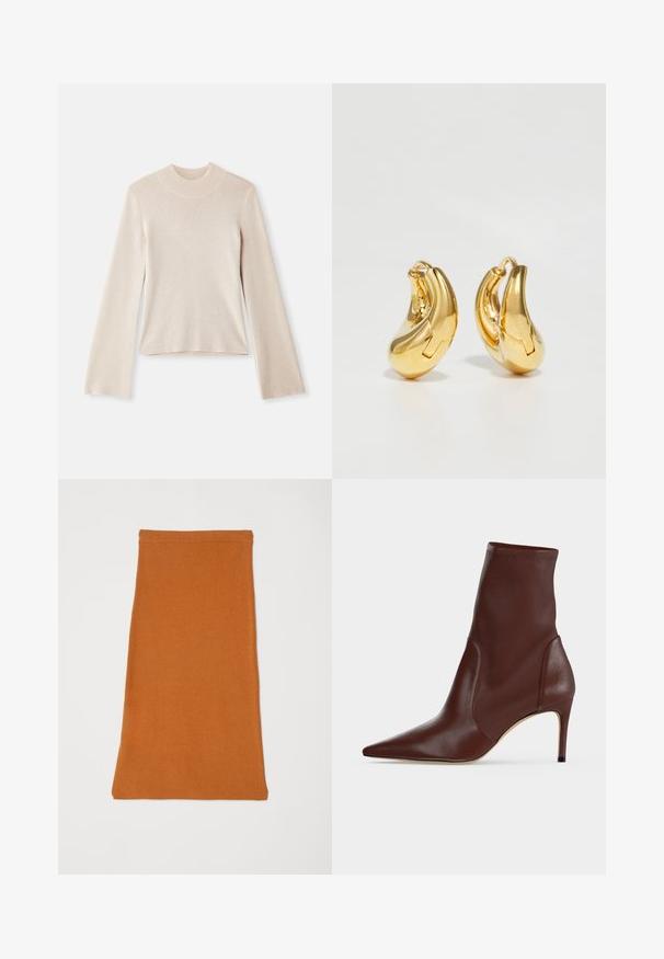 Lys beige langærmet polo sweater med en blød tekstur, tætsiddende silhuet og ribbet halsudskæring. Enkel design uden mønstre eller accenter.; Orange, strækbart stof nederdel med en glat tekstur, der har et simpelt, tætsiddende design og en lige kant. Ingen synligt hardware eller mønstre.; Mørkebrun læderankelstøvle med spids snude og slank høj hæl mod en ensfarvet lys baggrund.; Guldringeøreringe med en glat, buet form og poleret overflade. Udstyret med en lukkeanordning og lette fordybninger for detaljer.