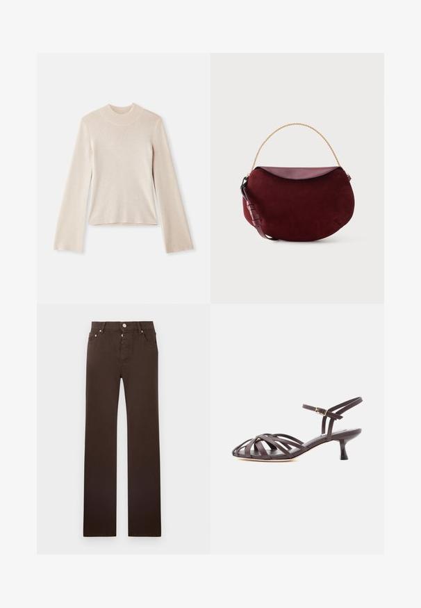 Lys beige langærmet polo sweater med en blød tekstur, tætsiddende silhuet og ribbet halsudskæring. Enkel design uden mønstre eller accenter.; Brune jeans med lige ben lavet af bomuldsblanding, med knaplukning, fem lommer og rene linjer uden mønstre.; Mørkebrun læder sandal med smalle remme, kitten heel og justerbar ankelrem med spænde på hvid baggrund.; Mørkerød ruskind skuldertaske i halvmåneform med glat læderklap, guldkædehåndtag og justerbar læderrem på hvid baggrund.