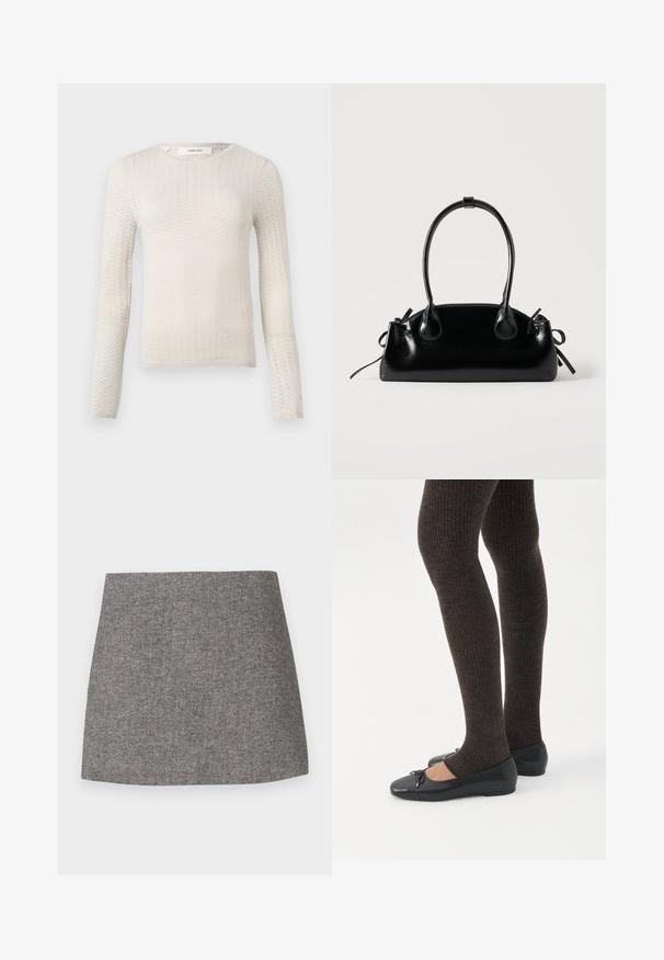 Pull en tricot écru à manches longues avec un motif en chevrons subtil et un col rond, étiqueté "Selected" au col.; Jupe à motif chevrons en tissu gris, présentant une silhouette ajustée avec une texture lisse et un ourlet droit et net.; Jambes portant des leggings côtelés foncés associés à des ballerines noires avec de petits détails en nœud sur fond blanc.; Petit sac à main noir brillant avec deux longues anses et des détails à cordon sur les côtés sur un fond clair uni.