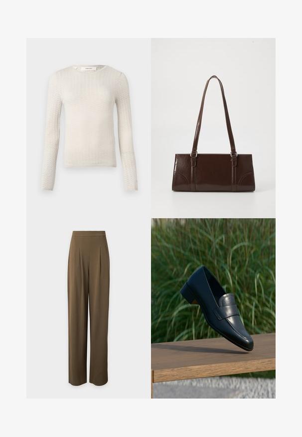 Pull en tricot écru à manches longues avec un motif en chevrons subtil et un col rond, étiqueté "Selected" au col.; Pantalon marron à jambes droites et taille haute, avec plis à l'avant et une ceinture lisse, présenté sur un fond uni clair.; Mocassin en cuir noir à talon bas, en équilibre sur le bord d'un banc en bois à l'extérieur, avec de l'herbe verte et haute en arrière-plan.; Sac à main en cuir verni marron de forme rectangulaire, avec deux longues poignées et des accents courbés subtils à l'avant.
