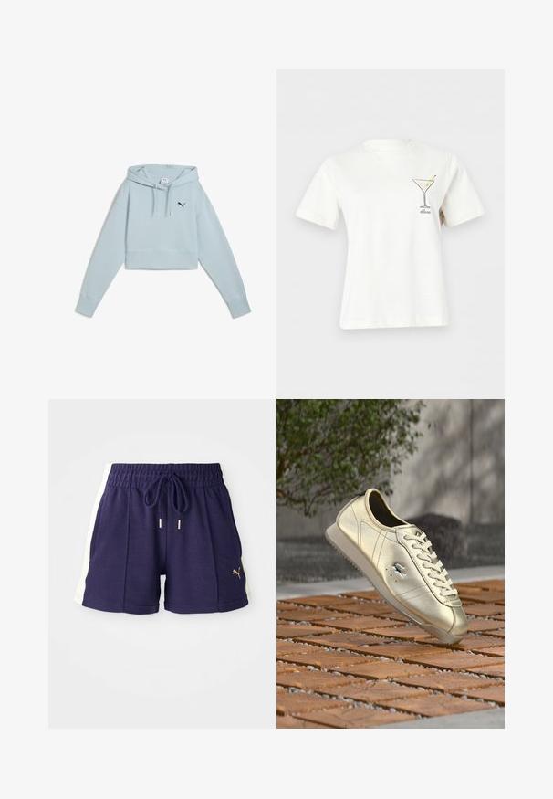 Sudadera corta azul claro de tejido suave, con un bolsillo tipo canguro en la parte frontal, capucha con cordón y logo en navy en el lado izquierdo del pecho.; Camiseta blanca de manga corta con una pequeña ilustración de una copa de martini y la palabra "ellesse" en la zona del pecho izquierdo.; Pantalones cortos azul marino con cinturilla elástica y cordón. Presentan paneles laterales blancos y un logo dorado en la parte frontal izquierda. Tejido texturizado.; Zapatilla metálica dorada con acabado de cuero suave, cordones blancos y suela de goma texturizada, con un pequeño logo en el lateral.