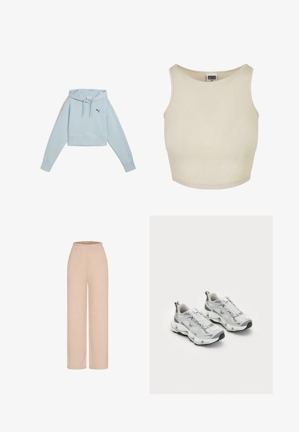 Haut de survêtement court bleu clair en tissu doux, doté d'une poche kangourou à l'avant, d'une capuche avec cordon de serrage et d'un logo marine sur la poitrine gauche.; Top crop beige à côtes avec un col rond et une coupe sans manches. Présente une texture unie et une étiquette de marque discrète à l'intérieur du col.; Pantalon large beige clair en tissu doux et extensible. Taille élastique et texture lisse, sans motifs ni éléments visibles.; Des chaussures de sport légères en maille grise et blanche avec des superpositions texturées, dotées d'une semelle épaisse et rembourrée ainsi que de lacets élastiques.