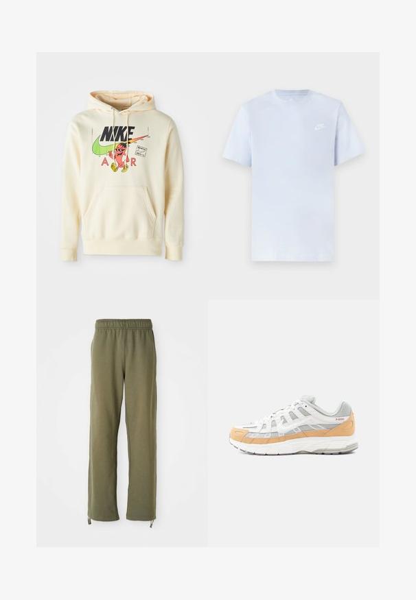 Kappu sweatshirt heled kreemiga, mille esifaasil on muster, mis sisaldab tegelast, Nike'i logo ja teksti "AIR". Tasku ees ja soonikkoes varrukad.; Hele sinine puuvillane t-särk lühikeste varrukatega, ümar kaelus ja valge Nike logo trükituna vasakul rinnal. Sile tekstuur, lihtne disain.; Olive roheline, puuvillased dressipüksid elastse vöökoha, sirgete jalgade ja reguleeritavate paeltega pahkluudel. Pehme tekstuur, päevane disain.; Valged ja hallid tossud heleoranžide detailidega, võrkmaterjalist ja nahast, millel on tekstureeritud tald ja külgedel geomeetriline muster.