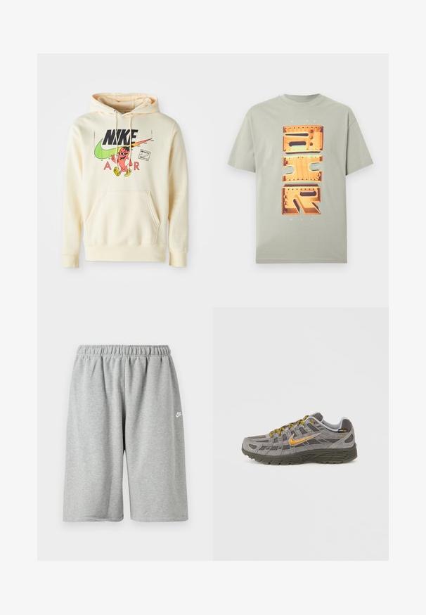 Kappu sweatshirt heled kreemiga, mille esifaasil on muster, mis sisaldab tegelast, Nike'i logo ja teksti "AIR". Tasku ees ja soonikkoes varrukad.; Heledast hall lühikeste varrukatega t-särk, millel on suur vertikaalne oranži metallilise stiiliga NIKE AIR graafika ning üleval ja all väike tekst "NIKE MAX".; Hallid puuvillased püksid elastse vöökoha ja lahtise lõikega, väike valge logo ääre lähedal. Sile tekstuur, pikkus üle põlve.; Hallid seemisnahast tossud kuldsete detailide, tekstuuriga paneelide ja sobivate paeltega. Omavad pehmendusega tallaga ja külje peal logodega detaile.