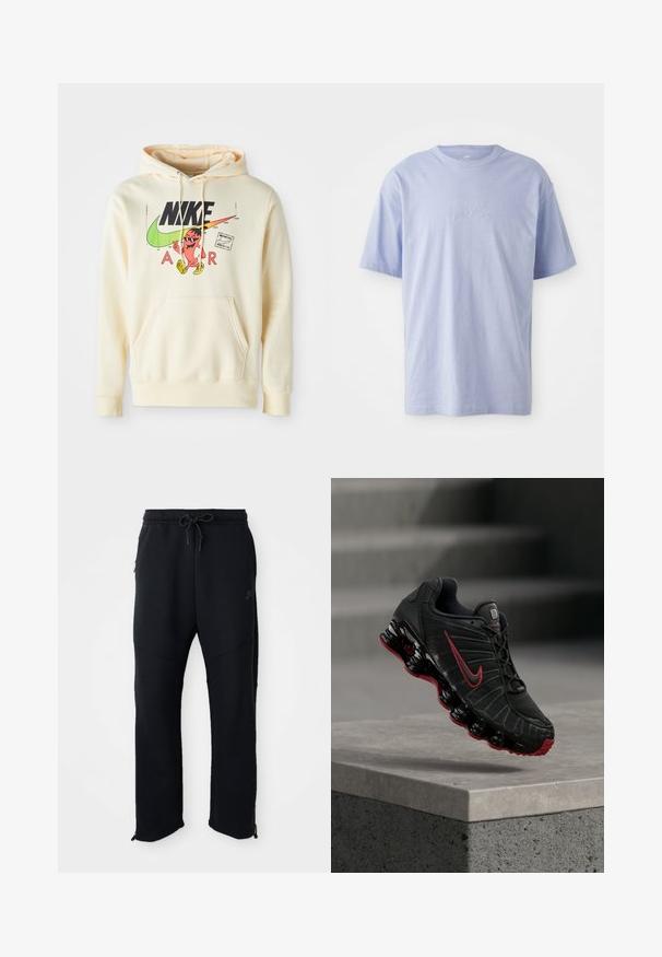 Hættetrøje i lys creme med et frontgrafik, der viser en karakter, Nike-logo og "AIR" tekst. Kængurulomme og ribbede manchetter.; Lysblå bomulds T-shirt med rund halsudskæring og korte ærmer. Har et præget "nike" logo i midten foran. Blød tekstur.; Sorte træningsbukser med elastisk linning og snoretræk, har sidelommer, smalle ben og lynlåse ved anklerne. Glat tekstur.; Sort og rød Nike atletiksko med synlig fjederlignende sål balancerende på kanten af et betontrin.