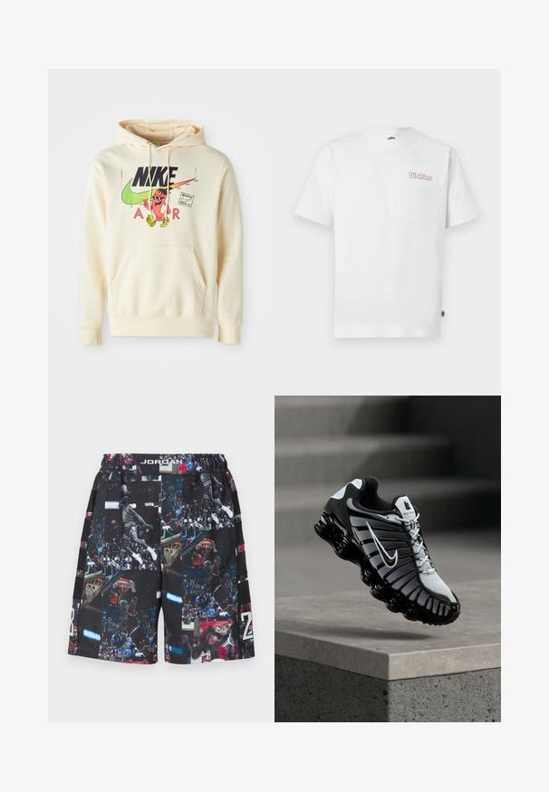 Hættetrøje i lys creme med et frontgrafik, der viser en karakter, Nike-logo og "AIR" tekst. Kængurulomme og ribbede manchetter.; Hvid bomulds t-shirt med korte ærmer, rund halsudskæring og en pink "Dickies" logo på venstre brystområde. Glat tekstur.; Sorte basketballshorts med en collage af actionbilleder og grafik, fremstillet af åndbart materiale med elastik i taljen.; Sort og hvid Nike løbesko svævende over en betonoverflade med en trappet stens baggrund.