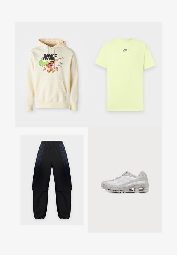 Mikina s kapucňou v svetlej smotanej farbe s prednou grafikou zobrazujúcou postavu, logom Nike a textom "AIR". Klokaní vrecko a pružné manžety.; Limetkovozelené bavlnené tričko s krátkym rukávom, s malým čiernym logom Nike uprostred na hrudi. Hladká textúra, okrúhly výstrih.; Čierne a tmavomodré pracovné nohavice s elastickým pásom a manžetami, s vreckami so zipsami na boku a vrstvami látky na stehnách.; Šedá a biela športová teniska s viditeľnou podrážkou s vzduchovou vložkou a sieťovinovými panelmi, zobrazená v profile na jednoduchom svetlom pozadí.