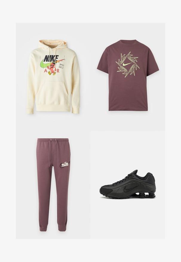 Lichtcrème hoodie met een vooraanstaand graphic van een karakter, Nike-logo en de tekst "AIR". Kangoeroezak en ribgebreide manchetten.; Korte mouw bordeauxrood T-shirt met een neongeel abstract spikkelvormig cirkeldesign en een centraal swoosh-logo op de borst.; Mauve Nike joggingbroek met elastische tailleband, trekkoord, elastische boorden bij de enkels en een wit Nike-logo met zwarte swoosh op de linker dij.; Zwarte hardloopschoenen met een glad bovenwerk van synthetisch materiaal, geperforeerde accenten, gestructureerde zijpanelen en een opvallende veerkrachtige zool.