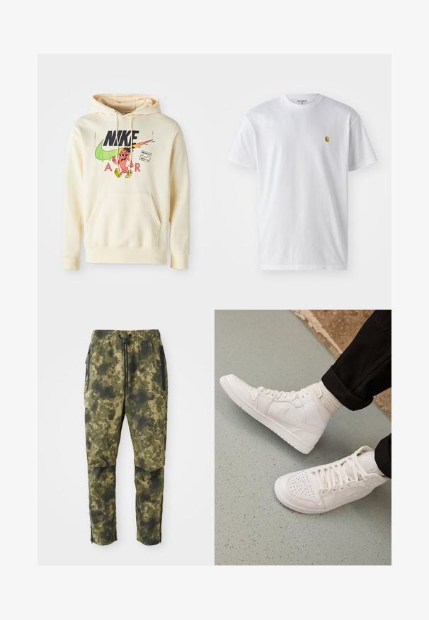 Mikina s kapucňou v svetlej smotanej farbe s prednou grafikou zobrazujúcou postavu, logom Nike a textom "AIR". Klokaní vrecko a pružné manžety.; Biele bavlnené tričko s krátkymi rukávmi, okrúhlym výstrihom, s malým zlatým logom na ľavej strane hrude. Mäkká textúra a normálny strih.; Kárované nohavice v rôznych odtieňoch zelenej farby s digitálnym vzorom. Vybavené elastickým pásom, šnúrkou na stiahnutie a bočnými vreckami so zipsom.; Biele vysoké tenisky vyrobené z hladkej kože s perforovaným špičkou, šnurovacím uzáverom a nenápadným logom na boku. Textúrovaná gumová podrážka.