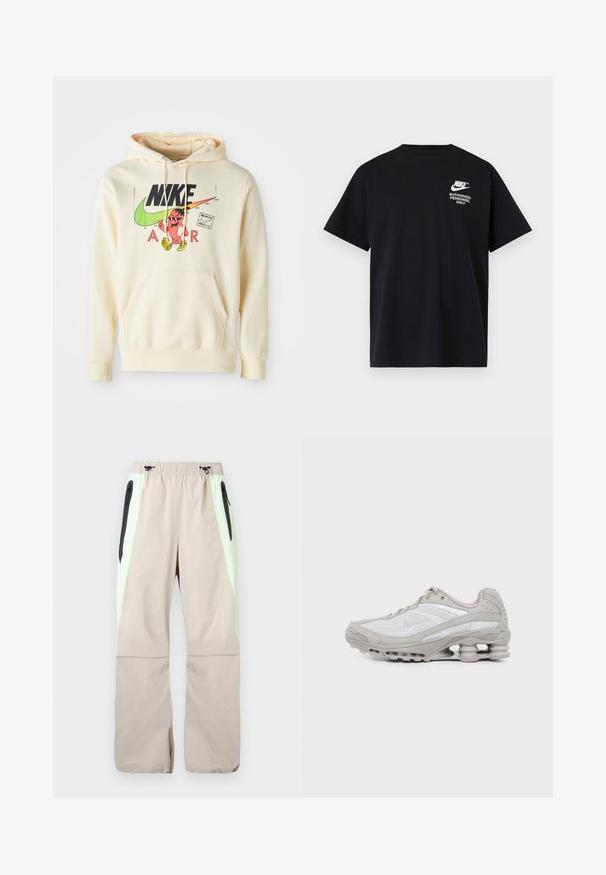 Hættetrøje i lys creme med et frontgrafik, der viser en karakter, Nike-logo og "AIR" tekst. Kængurulomme og ribbede manchetter.; Sort Nike t-shirt med korte ærmer og hvid teksten "Authorized Personnel Only" samt logo på øverste venstre bryst.; Beige bukser med lysegrønne sidepaneler, sorte lår-lommer med lynlås og elastisk talje med sorte snore.; Grå og hvid atletiksko med mesh-paneler, snørelukning og en unik fjedrende sål til stødabsorbering og støtte.