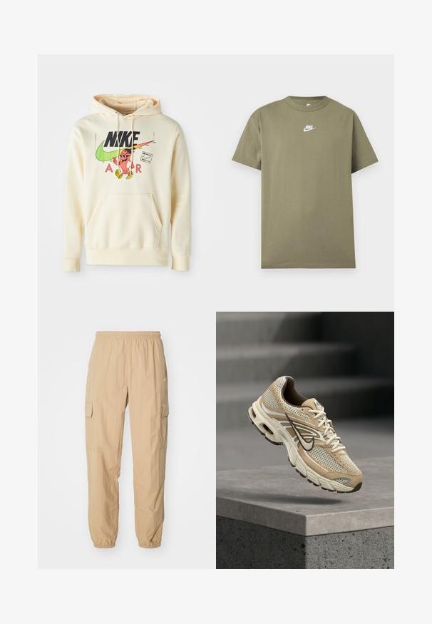 Hoodie in hellem Creme mit einem grafischen Druck auf der Vorderseite, der eine Figur, das Nike-Logo und den Text "AIR" zeigt. Kängurutasche und gerippte Bündchen.; Olivgrünes Nike T-Shirt mit kurzen Ärmeln und Rundhalsausschnitt, mit weißem Logo auf der Brust vor einem einfarbigen hellgrauen Hintergrund.; Beige Cargo-Hosen aus leichtem Stoff, mit einem elastischen Bund, zwei Seitentaschen und elastischen Bündchen an den Knöcheln.; Beiger und weißer Nike Laufschuh mit Mesh-Paneelen und schwarzem Swoosh, schwebt über einem Betonsims mit unscharfen Treppen im Hintergrund.