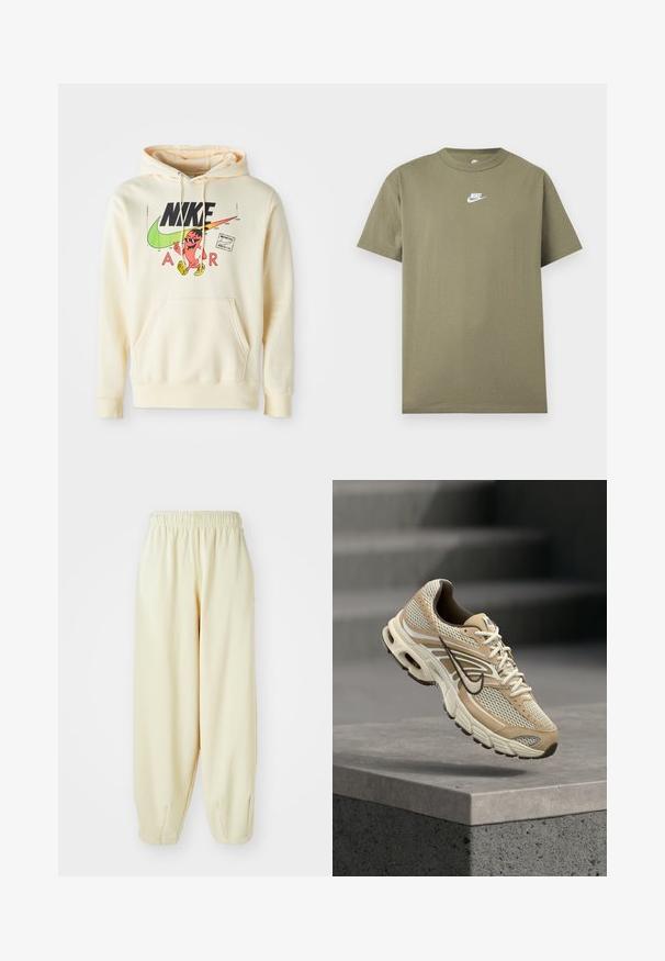 Hættetrøje i lys creme med et frontgrafik, der viser en karakter, Nike-logo og "AIR" tekst. Kængurulomme og ribbede manchetter.; Olivengrøn kortærmet Nike T-shirt med rund hals og hvidt logo på brystet på en ensfarvet lys grå baggrund.; Cremefarvede sweatpants med elastisk talje, indsnævrede benmanchetter og løs pasform. Fremstillet af blød, letvægtig stof.; Beige og hvid Nike løbesko med mesh paneler og sort swoosh, der svæver over en betonkant med slørede trapper i baggrunden.