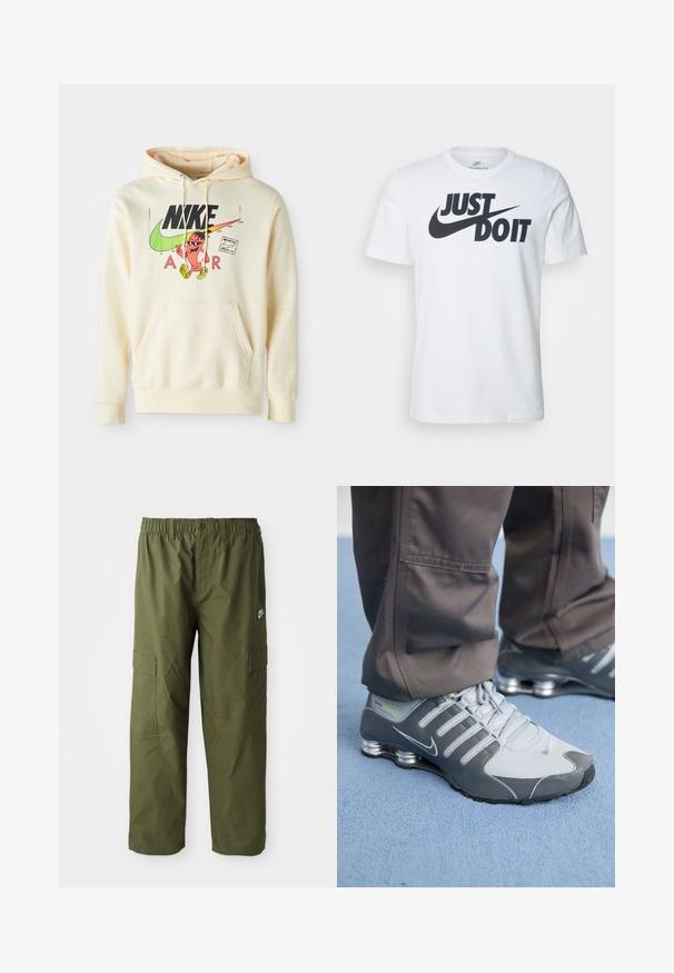 Sweatshirt à capuche en crème clair avec un graphique sur le devant représentant un personnage, le logo Nike et le texte "AIR". Poche kangourou et poignets côtelés.; T-shirt en coton blanc avec un logo noir "Just Do It" bien en vue et le swoosh de Nike. Design classique à col rond avec des manches courtes.; Pantalons cargo Nike en vert olive foncé, avec une taille élastique, deux poches latérales et un tissu lisse et léger.; Des baskets Nike Shox grises et argentées présentent un design élégant, avec des matériaux en mesh et synthétiques, un bout arrondi et un col rembourré.