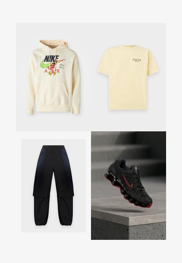 Hoodie in hellem Creme mit einem grafischen Druck auf der Vorderseite, der eine Figur, das Nike-Logo und den Text "AIR" zeigt. Kängurutasche und gerippte Bündchen.; Gelbes Baumwoll-T-Shirt mit kurzen Ärmeln und Rundhalsausschnitt, mit einem bedruckten Grafiklogo im Bereich der linken Brust.; Schwarze und dunkelblaue Cargo-Hosen mit elastischem Bund und Bündchen, ausgestattet mit seitlichen Reißverschlusstaschen und überlappenden Stoffpaneelen an den Oberschenkeln.; Schwarzer und roter Nike-Sportschuh mit sichtbarer federartiger Sohle, der auf der Kante einer Betonstufe balanciert.