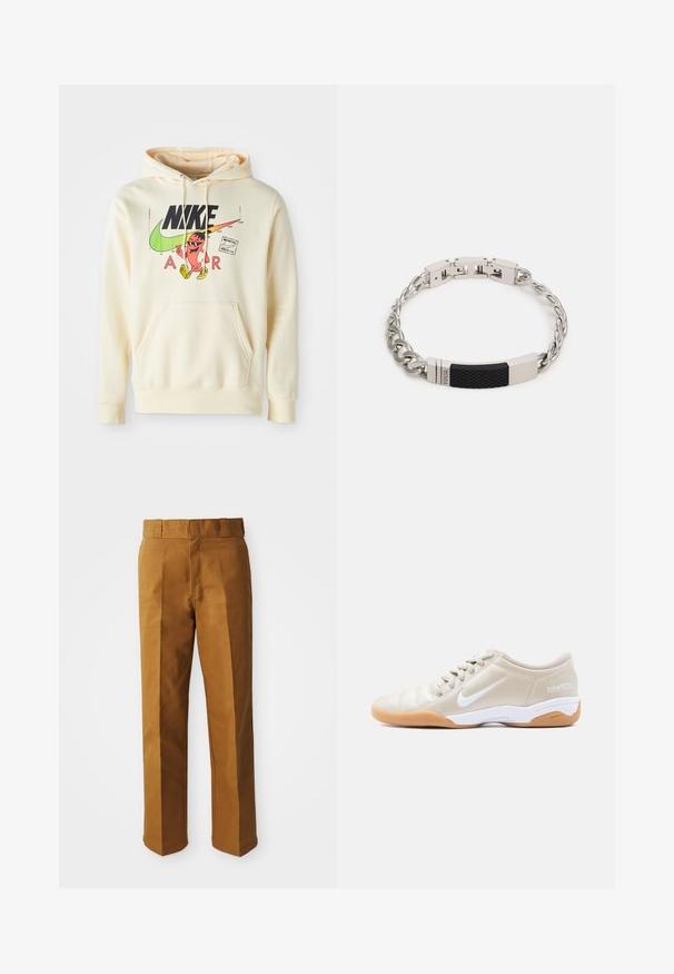 Kappu sweatshirt heled kreemiga, mille esifaasil on muster, mis sisaldab tegelast, Nike'i logo ja teksti "AIR". Tasku ees ja soonikkoes varrukad.; Pruunid, kohandatud püksid, millel on sile tekstuur, otse jala disain, ees voldid ja tavaline vöökoht.; Beežid Nike Total 90 III sisejalgpalli tossud valge logo, valge kesktallaga, kummisest pruunist tallaga ja beežide paeltega, näidatud külgvaates.; Hõbedane metallist kett käevõru, millel on keskel ristkülikukujuline must tekstuuriga aksent, mis on kinnitatud klambri sulgemisega.