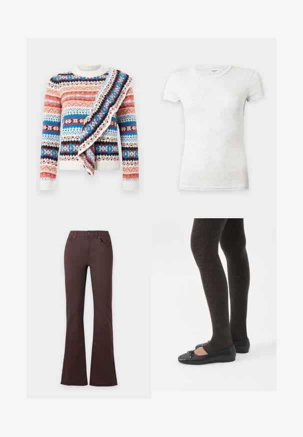 Pull en tricot à col rond, présentant des motifs multicolores en rouge, bleu et noir. Tissu texturé avec poignets et ourlet côtelés.; T-shirt ajusté à manches courtes gris clair uni avec col rond sur fond neutre.; Jean taille haute marron foncé avec fermeture par bouton et fermeture éclair, poches avant, et jambes évasées sur un fond uni clair.; Jambes portant des leggings côtelés foncés associés à des ballerines noires avec de petits détails en nœud sur fond blanc.