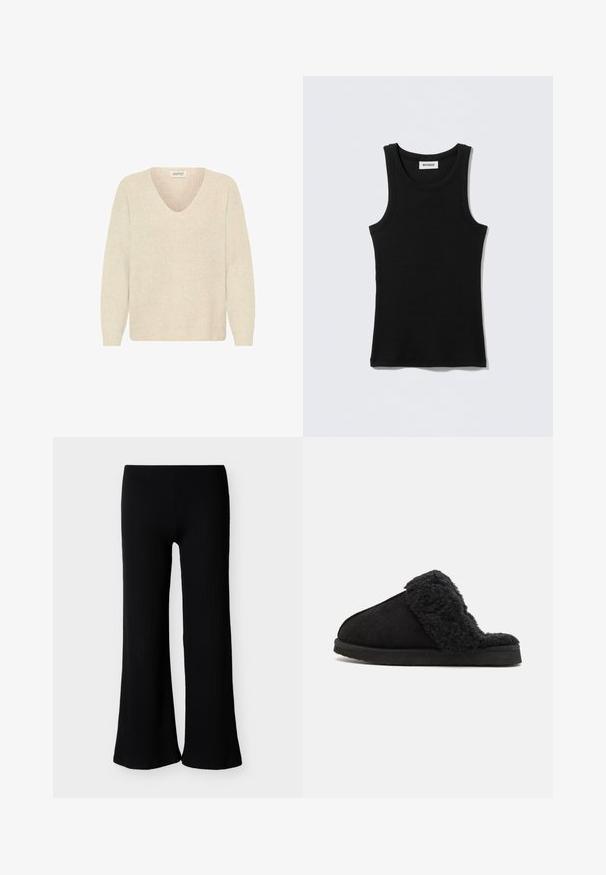 Pull crème avec un col en V, texture côtelée et manches longues. Design simple, sans embellissements ni motifs visibles.; Débardeur noir en coton, avec un col rond et des bretelles étroites. Design simple, sans motifs ni accents visibles.; Pantalon large en maille côtelée noire avec taille haute et sans fermetures visibles, présenté sur un fond gris clair uni.; Bianco BIASWEETIE SLIPPER - Chaussons - black