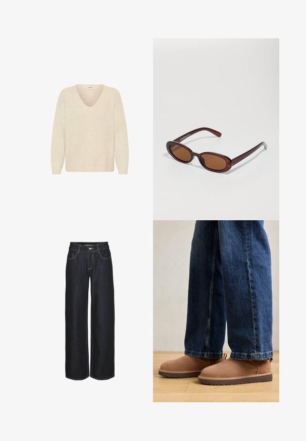 Crème-kleurige trui met een V-hals, ribbelstructuur en lange mouwen. Eenvoudig ontwerp, ongeversierd zonder zichtbare patronen of hardware.; Donkerblauwe rechte jeans met voorzakken, riemlussen en gele contrasterende stiksels, weergegeven op een witte achtergrond.; Bruine suède enkelboots met een platte zool, ronde neus en een klein aantrek-lipje, gecombineerd met blauwe denim jeans met een rechte pasvorm.; Ronde, bruin getinte zonnebril met een glanzend bordeauxrood frame. Slanke pootjes met subtiele merkdetails. Vlakke lensontwerp.