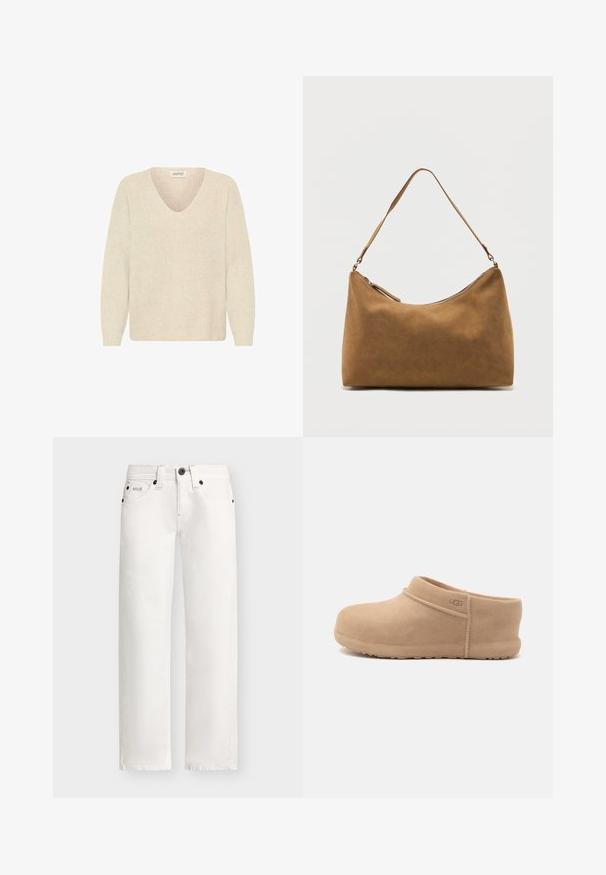 Crème-kleurige trui met een V-hals, ribbelstructuur en lange mouwen. Eenvoudig ontwerp, ongeversierd zonder zichtbare patronen of hardware.; Straight-leg witte denim jeans met zwarte klinknagels, voorste knoop, ritssluiting, riemlussen en vijfzakkenontwerp.; Lichtbruine suède instapslof met lage hak en UGG-logo aan de zijkant, afgebeeld tegen een effen witte achtergrond.; Bruine suède schoudertas met een enkele band en een ritssluiting aan de bovenkant, gepresenteerd tegen een effen witte achtergrond.