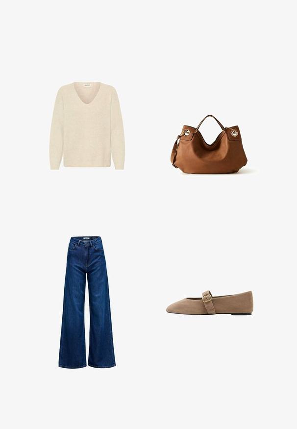 Cremefarvet sweater med V-hals, ribbet struktur og lange ærmer. Enkel design, udekoreret uden synlige mønstre eller hardware.; Viddebenede jeans lavet af mørkeblå denim, med høj talje, frontlukning med knap og klassisk fem-lomme design med tonalt syning.; Tanfarvet ruskind flad sko med spids tå og en spænde detalje på siden. Minimalistisk design med en lav sort sål.; Brun lædertaske med korte håndtag, guldfarvet rundt beslag og justerbar skulderstrop på hvid baggrund.