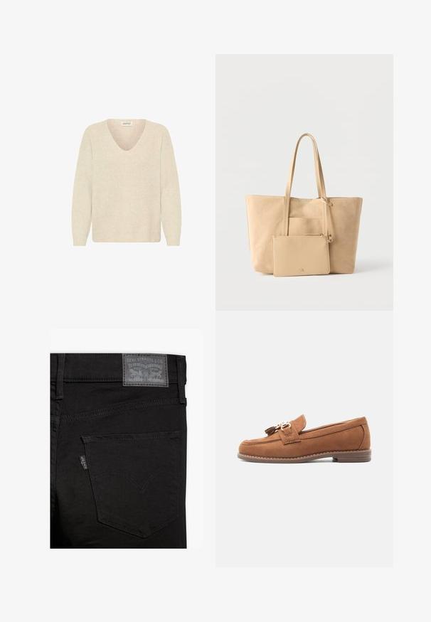Cremefarvet sweater med V-hals, ribbet struktur og lange ærmer. Enkel design, udekoreret uden synlige mønstre eller hardware.; Sorte denim jeans med en struktureret overflade. Har en baglomme med et signaturstingemønster og et gråt lædermærke.; Brun ruskindslipper med kvast og guldbeslag, syning på sålen og lav stablet hæl på hvid baggrund.; Beige ruskind-totetaske med lange håndtag og tilhørende matchende lynlåsetaske på en ensfarvet hvid baggrund.
