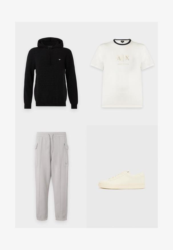 Sweat à capuche noir en tissu texturé, avec une poche kangourou à l'avant, une capuche à cordon de serrage, et un logo doré sur la poitrine.; T-shirt blanc à manches courtes avec bordure noire au col et logo "A|X Armani Exchange" imprimé en couleurs claires sur la poitrine.; Pantalon de survêtement gris avec taille élastique, poches latérales et détail cousu courant verticalement le long des jambes. Texture en mélange de coton.; Baskets couleur crème avec une tige en cuir lisse, bout arrondi, laçage à l'avant et semelle en caoutchouc texturée. Design minimaliste, sans logo.