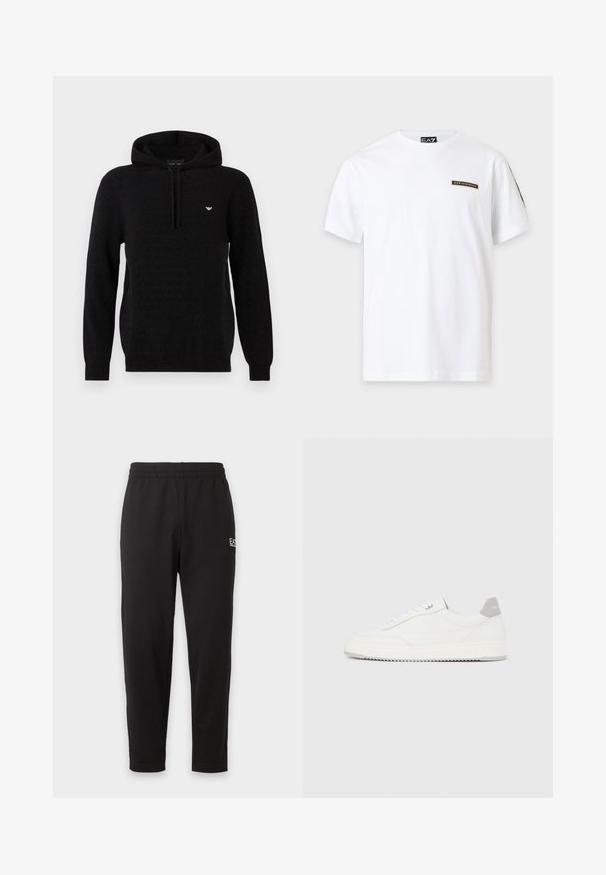 Sweat à capuche noir en tissu texturé, avec une poche kangourou à l'avant, une capuche à cordon de serrage, et un logo doré sur la poitrine.; T-shirt blanc à manches courtes avec un petit patch logo EA7 Emporio Armani sur la poitrine gauche et une étiquette de marque à l'intérieur du col.; Pantalon de survêtement noir à taille élastique, jambes fuselées, avec un petit logo blanc sur la partie supérieure de la cuisse gauche.; Baskets basses blanches avec un onglet de talon gris, des lacets blancs et une semelle texturée, présentées sur un fond uni clair.