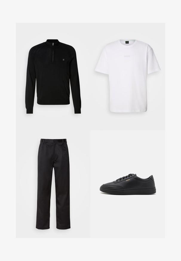Suéter de punto negro con cuello de media cremallera, puños acanalados, detalles texturizados en los hombros y un pequeño logotipo en el pecho.; Camiseta de algodón blanca de manga corta, con escote redondo y logotipo grabado de "BOSS" en el pecho. Textura suave, ajuste estándar.; Pantalones negros de tela suave, con cierre delantero de botón, pliegues y patas rectas. Sin patrones ni acentos visibles.; Zapatillas de cuero negro con una textura suave, punta redondeada, suela plana de goma y cordones a tono. Presentan el logotipo dorado "BOSS" en el lateral.