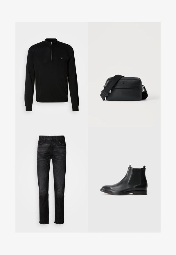 Sort striktrøje med halv-zip krave, ribbede håndled, teksturerede skulderdetaljer og et lille logo på brystet.; Sorte denimjeans med lige pasform, fem-lomme-design, subtil forvaskning og knaplukning. Klassisk stil, der passer til afslappet brug.; Sorte læder Chelsea støvler med elastiske sidepaneler, rund tå, trækstrop og en lav blokhæl. Glat tekstur og minimalistisk design.; Sort tekstureret læder crossbody taske med front lynlåslomme og justerbar bred stofskulderrem på hvid baggrund.