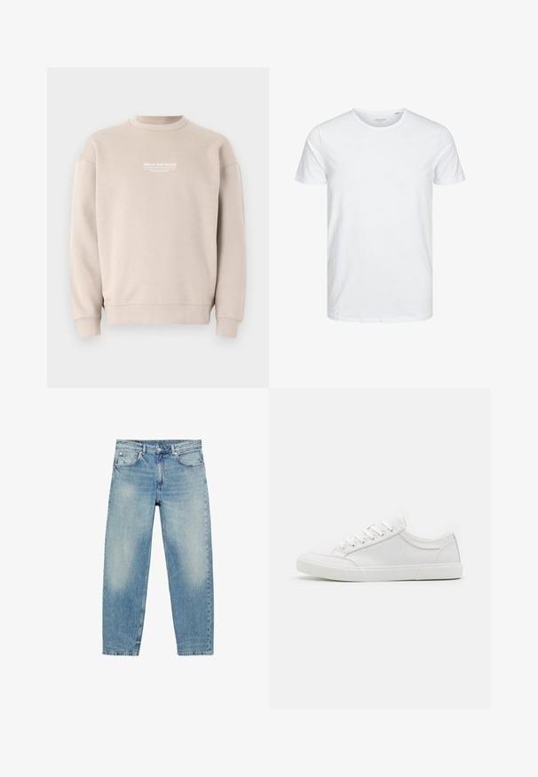 Beige Sweatshirt aus weichem Stoff mit einem Rundhalsausschnitt. Mit weißem Textlogo auf der Brust sowie gerippten Bündchen und Saum.; Rundhals-T-Shirt mit kurzen Ärmeln in reinem Weiß, aus weicher Baumwolle, mit einem schlichten Design ohne sichtbare Muster oder Akzente.; Blue Jeans mit geradem Bein, vorderen Taschen und Gürtelschlaufen, die leichte Verblassungen an Oberschenkeln und Knien zeigen.; Weiße Sneakers mit einem Obermaterial aus glattem Leder, runder Zehenpartie, flacher Gummisohle und sechs Ösen für die Schnürsenkel. Subtile Nähdetails, minimalistisches Design.