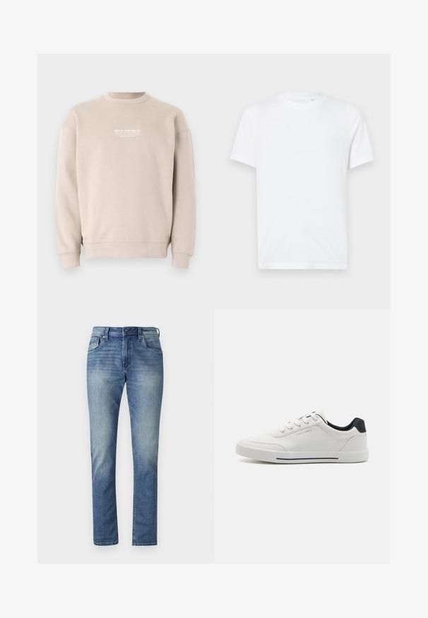 Beige sweatshirt gemaakt van zachte stof met een ronde hals. Voorzien van witte tekstlogo op de borst en ribgebreide manchetten en zoom.; Witte katoenen t-shirt met een ronde hals en korte mouwen. Bevat een klein, reliëf logo op de linkerkant van de borst. Gladde textuur.; Lichtblauwe denim jeans met een rechte snit, vijf zakken en een vervaagde wassing. Heeft een knoopsluiting en riemlussen.; Witte sneakers met een glad synthetisch bovenwerk, ronde neus, vetersluiting, marineblauwe accenten op de hiel en een gestructureerde rubberen zool met een zwarte streep.